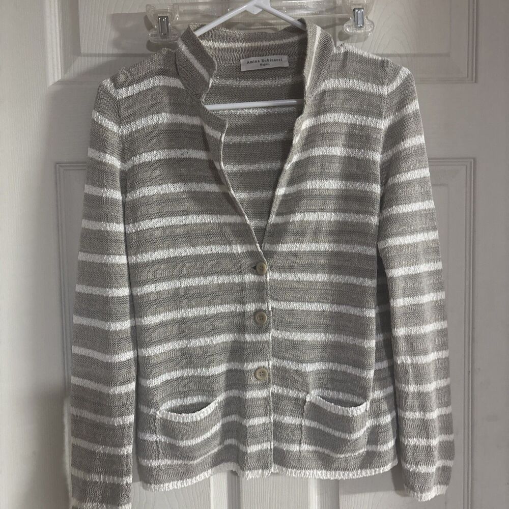 Amina Rubinacci 40/S  Cardigan Jacket In Khaki White Multi Stripe